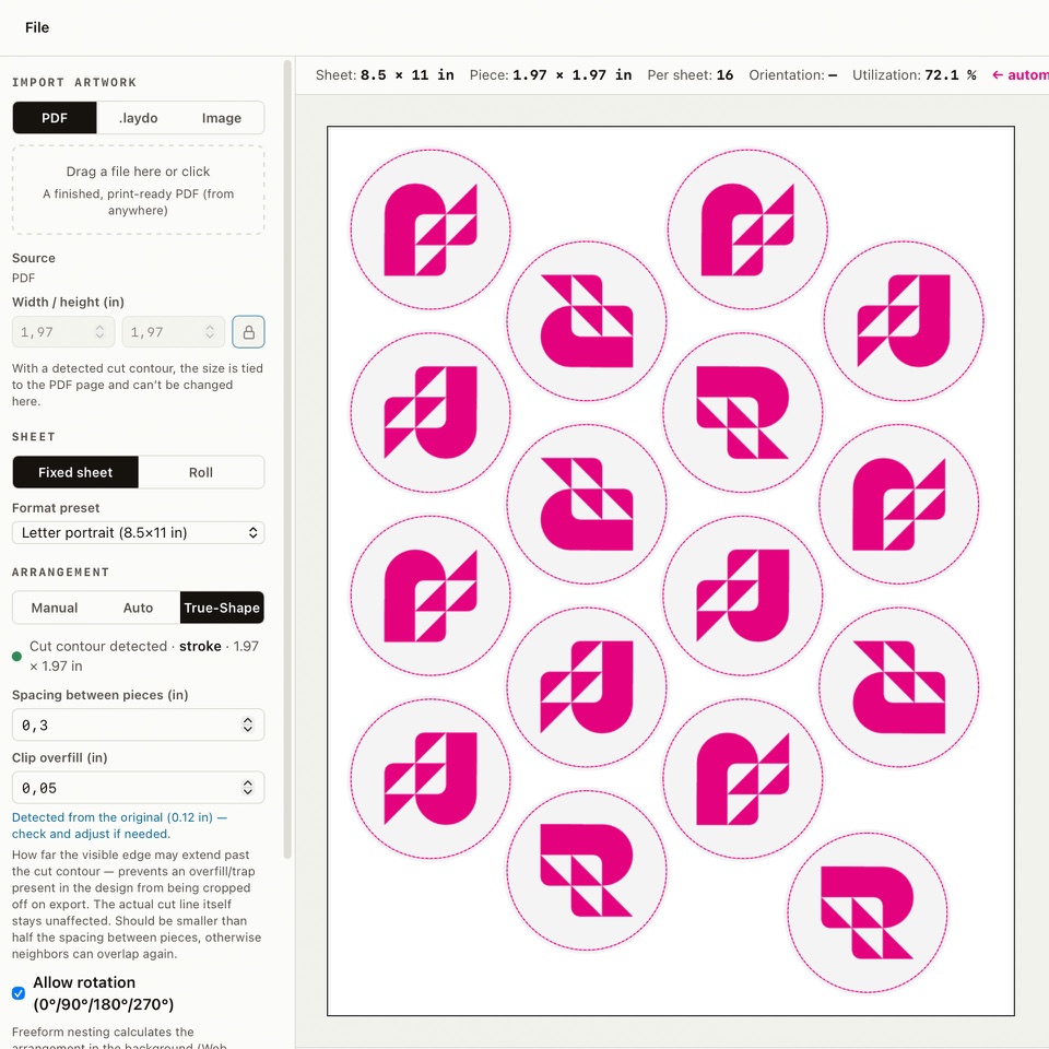 Sixteen die-cut round stickers automatically true-shape nested onto a letter sheet in Snuglay